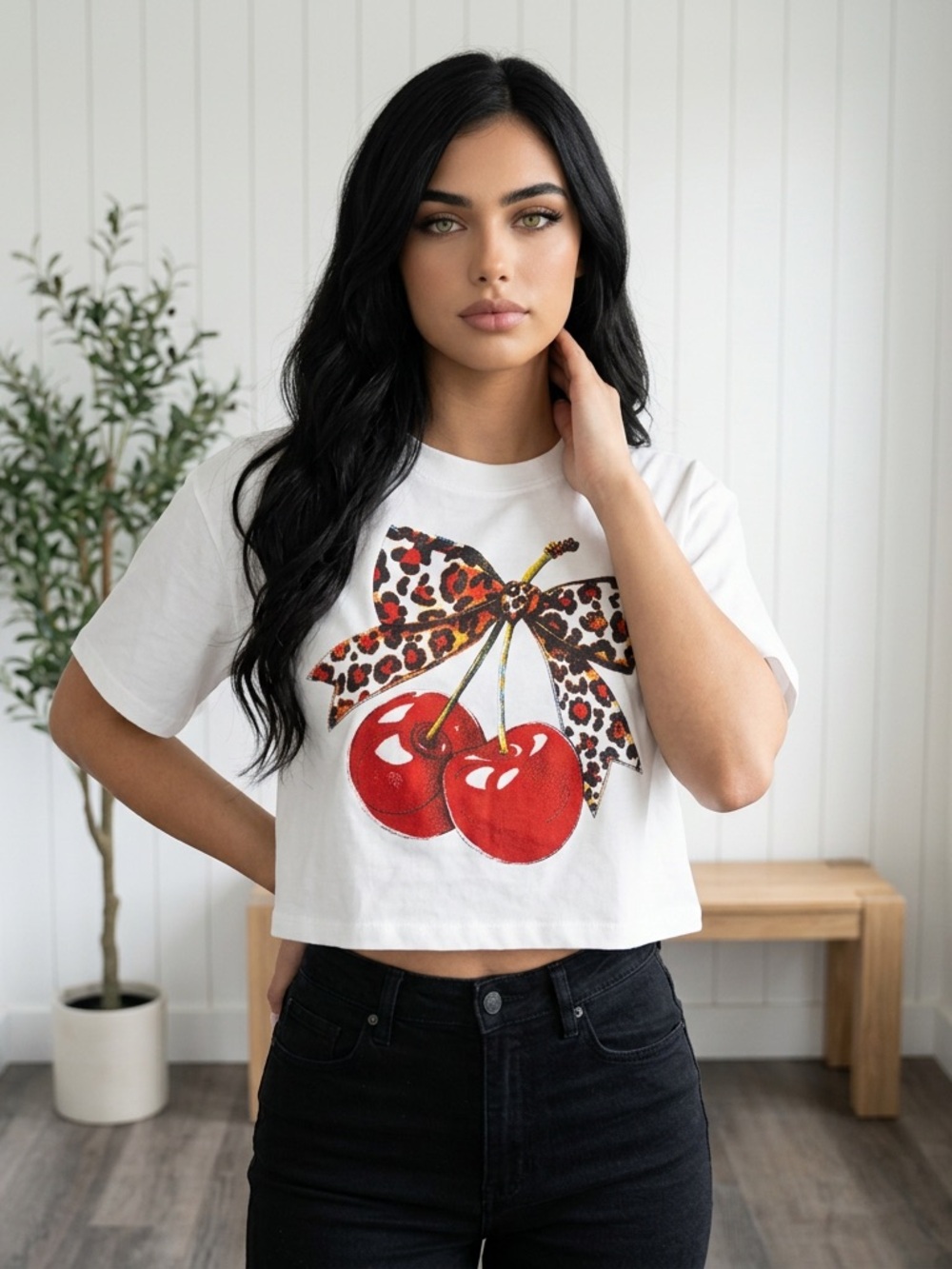 White Cropped Tee with Red Cherry Graphic and Leopard Bow